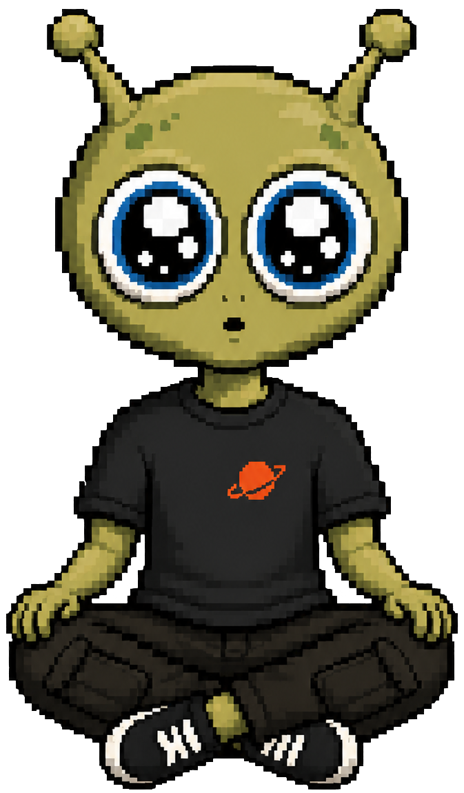 Alien mascot sitting in lotus pose